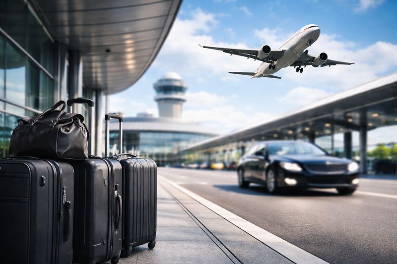 Luggage and black SUV at airport curb for Elite Coastal Rides airport transfer service