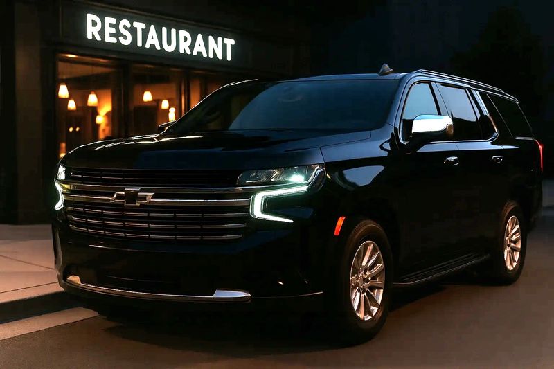 Black SUV parked outside restaurant for Elite Coastal Rides hourly chauffeur service