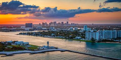 Fort Lauderdale skyline and coastline at sunset, near Fort Lauderdale-Hollywood International Airport