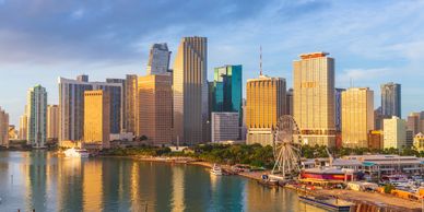 Miami skyline and waterfront at sunset, near Miami International Airport and PortMiami