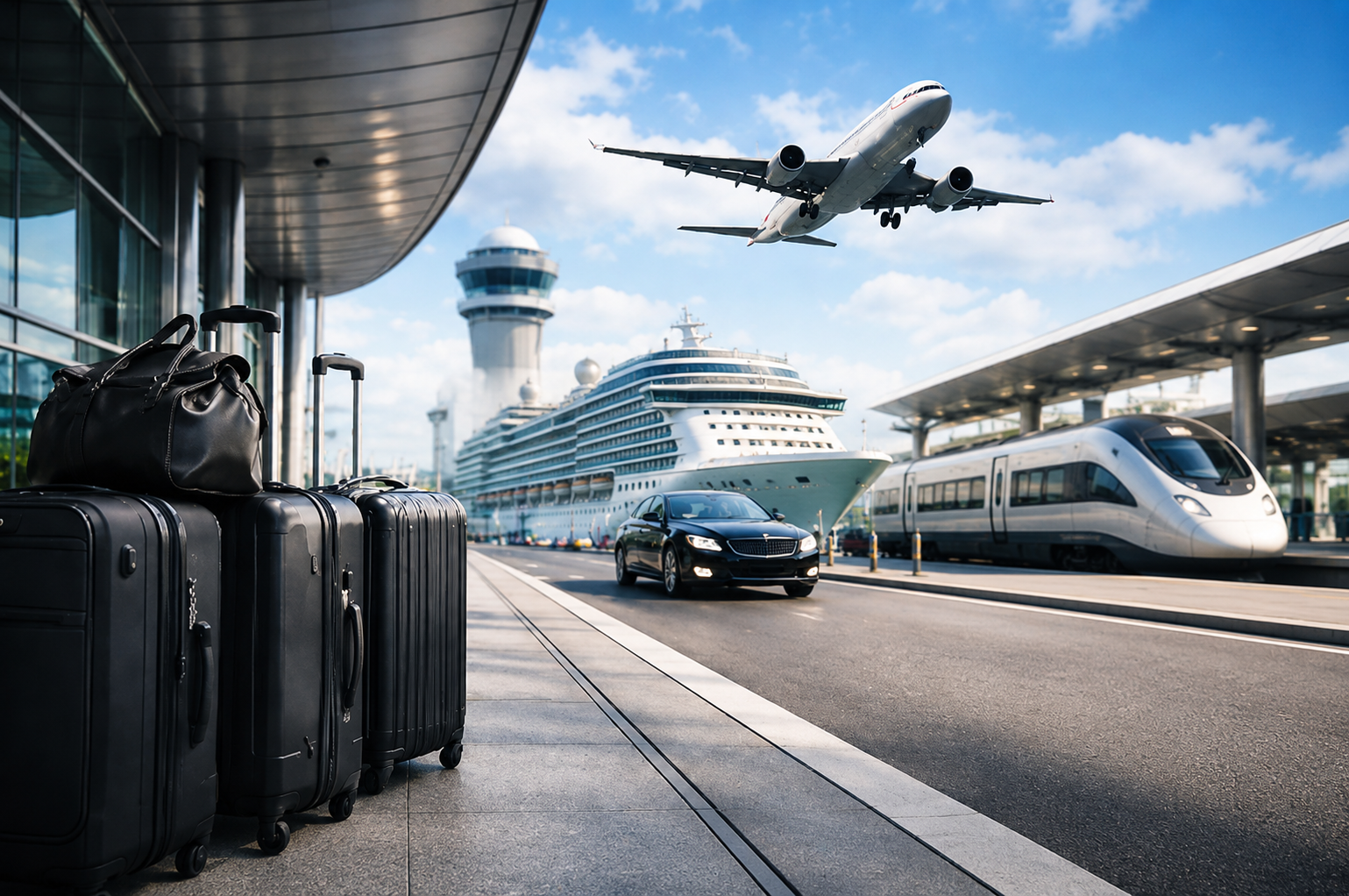 Luggage, airplane, cruise ship, black sedan and high-speed train at a terminal - Elite Coastal Rides air, sea and rail transfers