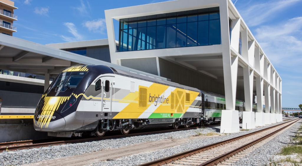 Brightline train arriving at West Palm Beach station